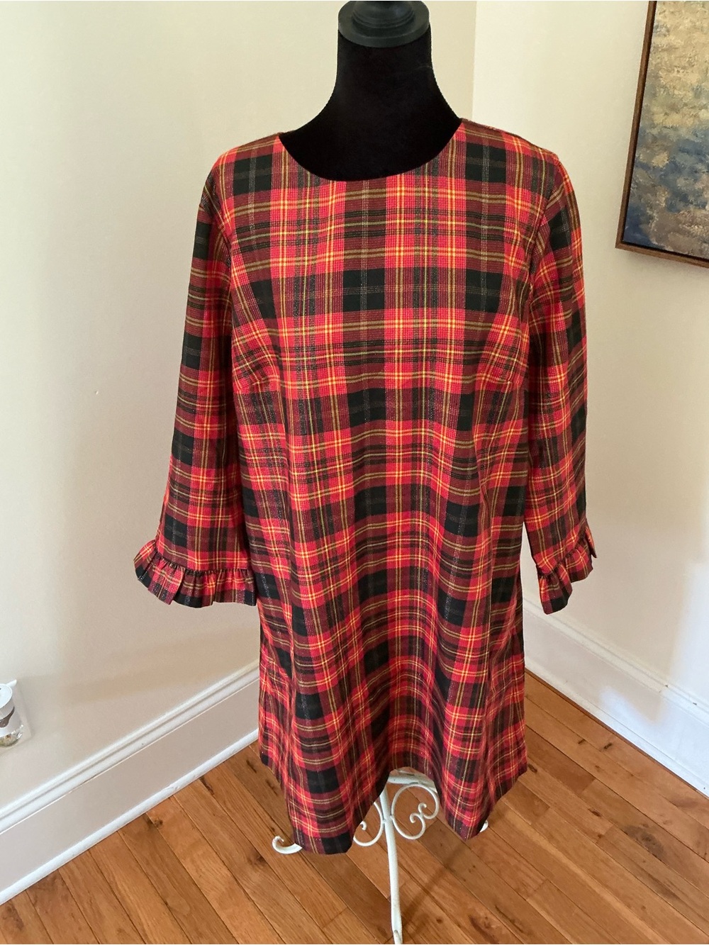 Draper James Jessie Shift Dress Caroline Shimmer Red Black Plaid Large